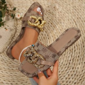 Crocodile Embossed Chain Decor Slide Sandals, Black Punk Metallic Chain Solid Color Flip Flops